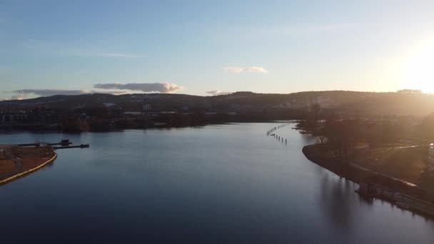 Hjellevannet Skien Norway Aerial Middle Lake Orange Beautiful Sunset Sky — Stock Video