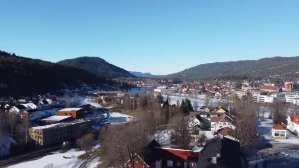 Numedalslagen River Kongsberg City Norway Slow Sunny Winter Day Aerial — Vídeo de Stock
