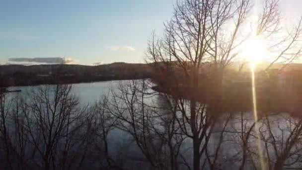 Sun Glaring Trees Ascending Aerial Skien Norway Hjellevannet Lake Telemark — Stock Video