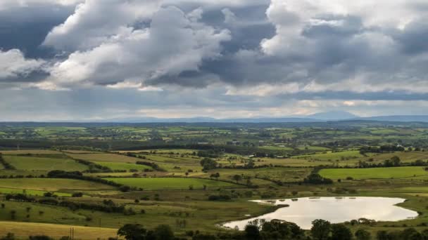 Time Lapse Rural Farming Landscape Grass Fields Lake Hills Cloudy — Video