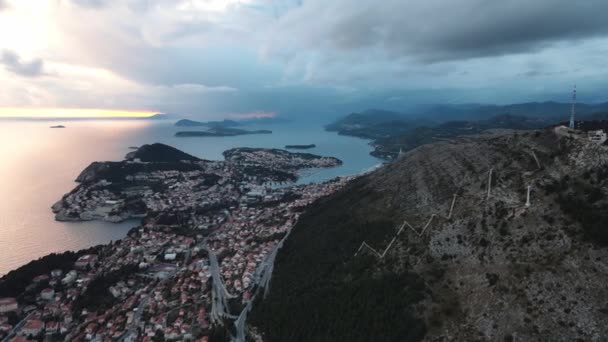 Ocean Town Drone Shot Sunset Dubrovnik Croatia — Video Stock