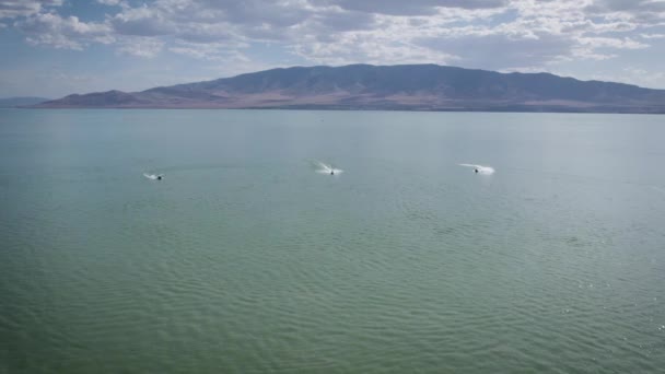 Three Jet Ski Riders Sea Doos Speeding Utah Lake Water — Vídeo de Stock