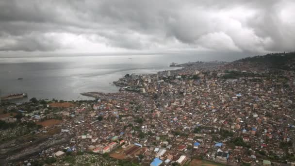 Aerial Hyperlapse Downtown Freetown Sierra Leone Storm Clouds Background — Vídeo de Stock