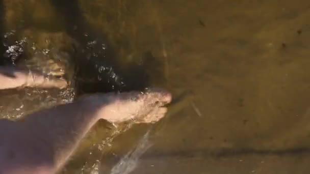 Testing Shallow Brown Waters Walking Naked Feet Verticals — Wideo stockowe