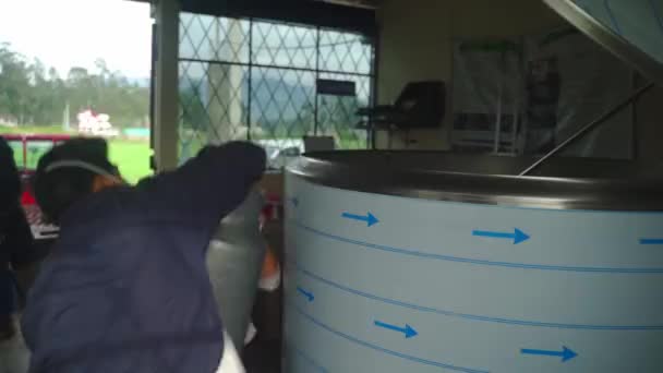 Workers Pouring Milk Can Pasteurization Tank Food Factory Dairy Products — Video Stock