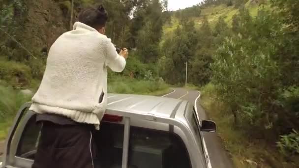 Guy Car Roadtrip Forest Scenic Road Andean Canyons Day — Stockvideo