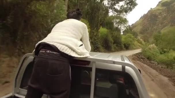 Guy Car Roadtrip Forest Scenic Road Andean Canyons Day — Wideo stockowe