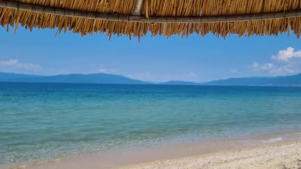 Reed Saman Plajı Şemsiyesi Deniz Dalgaları Arka Planda Saman Şemsiyesi — Stok video