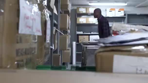 Homme Âge Mûr Explore Les Étiquettes Sur Des Boîtes Carton — Video