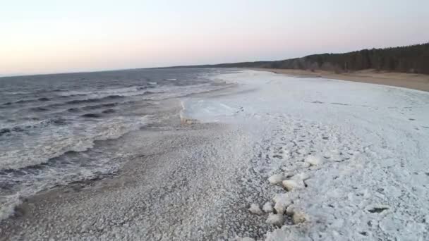 Dramatic Low Altitude Drone Flight Frozen Sea Next Empty Coast — Stockvideo