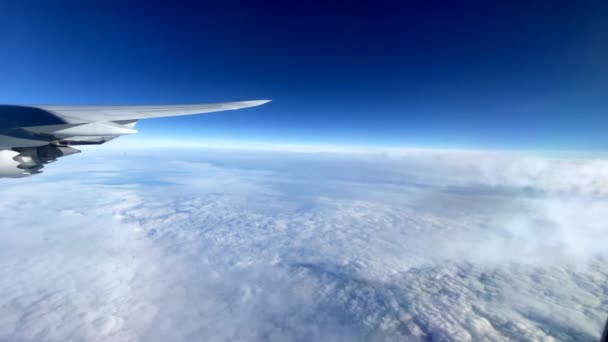 Widok Samolotu Brak Logo Widok Ponad Chmurami Głęboko Błękitne Niebo — Wideo stockowe