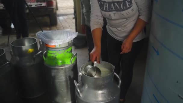 Εργαζόμενοι Χύνουν Γάλα Από Δοχείο Κονσέρβας Για Γάλα Μέσα Εργοστάσιο — Αρχείο Βίντεο