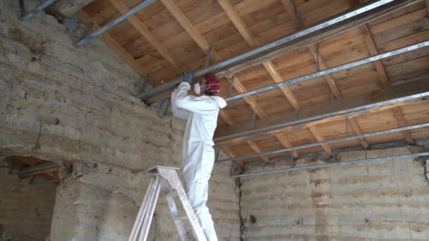 Professional Worker Protective Suit Checking Wood Boring Insects House Roof — Vídeo de stock