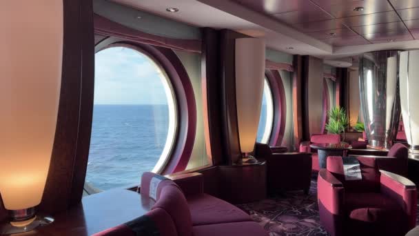 Big Porthole Window Ocean Views Luxury Cruise Ship Out Sea — Vídeo de stock