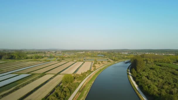 Aerial View Sunset River Clairmarais France Houseboat Distance Fields Left — Stock videók