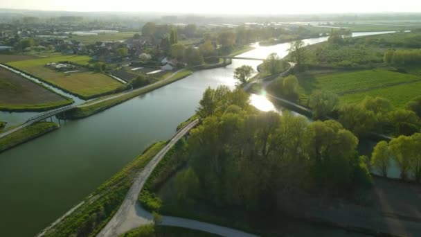 Aerial View Sunset River Clairmarais France See Village Bridge Distane — Stock videók