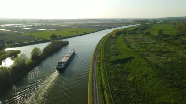 Aerial View Sunset Houseboat River Clairmarais France Fields Both Sides — Stockvideo