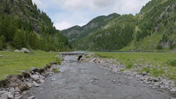 Wide Shot Showing Mountain Biker Riding Small Bridge Rocky Stream — Stock Video