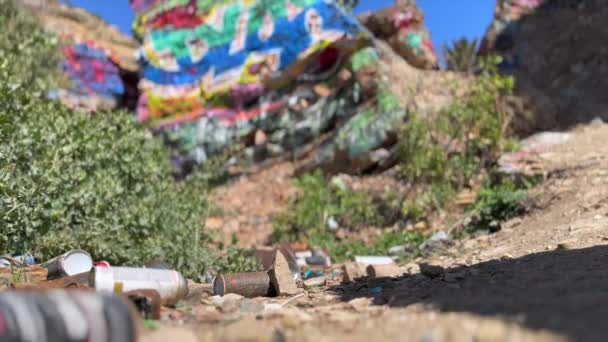 Empty Rusting Graffiti Aerosol Cans Garbage Left Sunken City Ruins — Stok Video