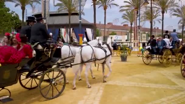 Horses Pull Carriages Spanish People Traditional Flamenco Outfits Fair — Wideo stockowe