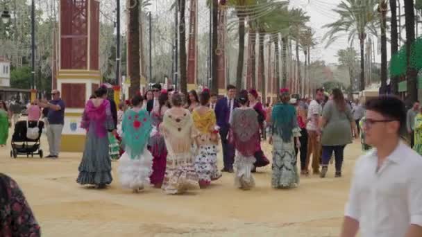 Women Traditional Traje Gitana Dresses Spring Fair Southern Spain — Stockvideo