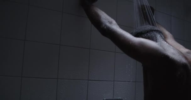 Young Black Male Taking Hot Steaming Shower Workout Gym — Stock Video