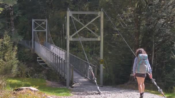 Slider Female Hiker Crosses Bridge Start Routeburn Track New Zealand — Αρχείο Βίντεο