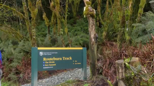 Static Hikers Walk Routeburn Track Sign Fiordland New Zealand — Stock videók