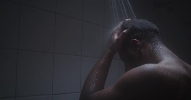 Young Black Male Taking Shower Big Facitily — Stockvideo