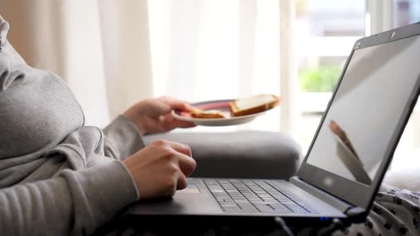 Woman Picking Plate Cheese Toast While Working Home Her Laptop — стоковое видео