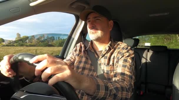 Casually Dressed Mature Man Drives Country Road Morning Sun His — Video Stock