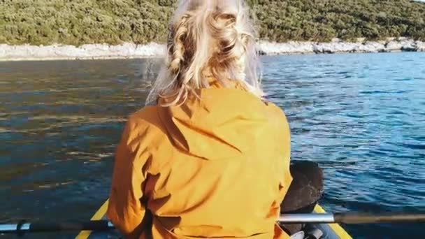 Blonde Woman Relaxing Kajak Croatia Ocean — стоковое видео