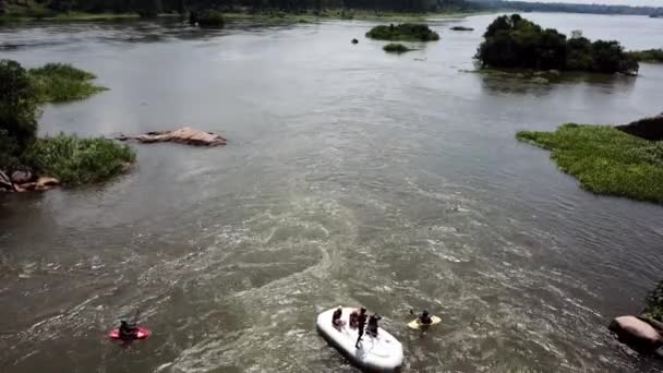 Group People Top Yellow Rafting Boat Jump Waters Nile River — Stock Video