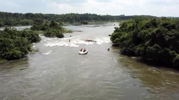 Aerial Drone View Upside Rafting Boat People Top Nile River — Stockvideo