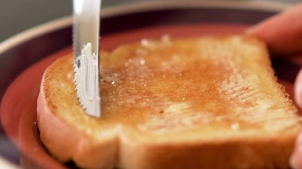 Spreading Butter Knife Toast Sliced Bread Close Shot — Video Stock