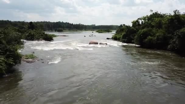 Aerial View Drone Zooming Away Rafting Boats Going Nile River — Stock Video