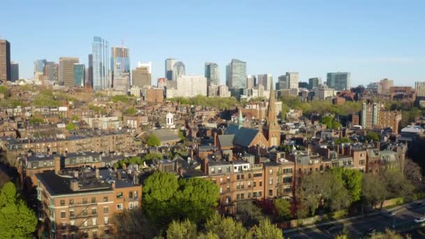 Historische Stenen Gebouwen Back Bay Boston Buurt Drone Voetstuk Neer — Stockvideo