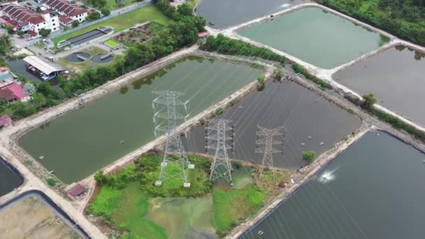 Drone Fly Outdoor Aquaculture Farming Controlled Facility Transmission Tower Middle — Stok video