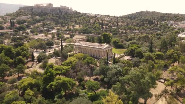 Aerial View Ancient Agora Athens Roman Forum Temple Remains Acropolis — Vídeo de Stock