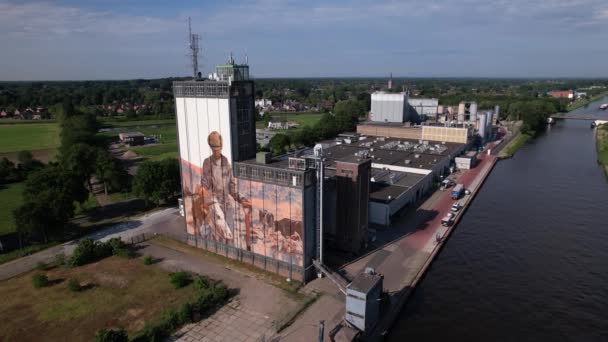 Slow Aerial Rotating Movement Factory Storage Facility Twentekanaal Waterway Canal — ストック動画