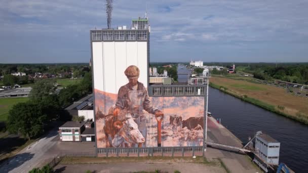 Aerial Ascending Movement Revealing Factory Storage Buildings Twentekanaal Waterway Canal — Video