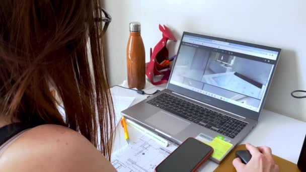 Hispanic Female Architect Working New Home Design Computer — Videoclip de stoc