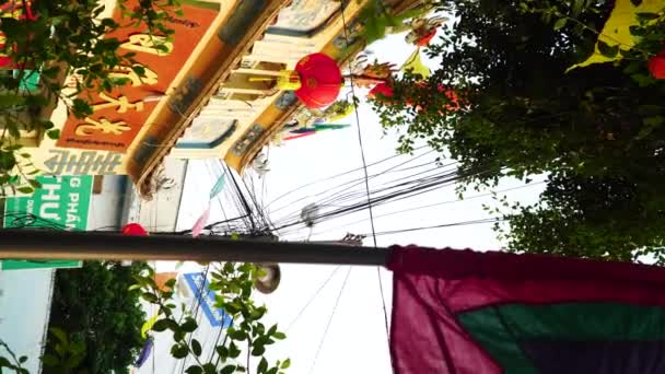 Vietnamese City Scene Hanging Red Paper Lantern Swaying Wind Vertical — Stockvideo