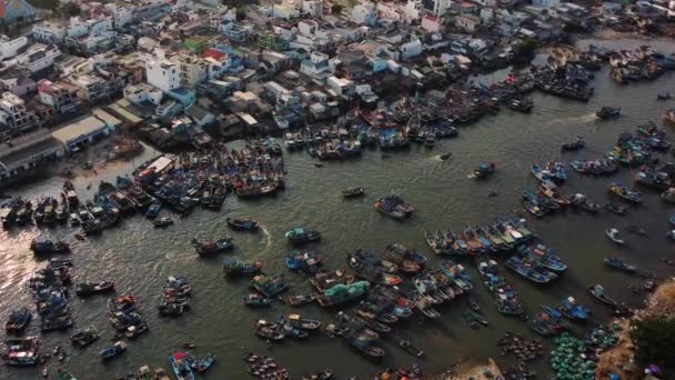 Top View Boats Crowded Fishing Harbor Town Vietnam — стокове відео