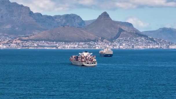 Large Cargo Ships Approach Bay Cape Town South Africa Backdrop — Stock videók