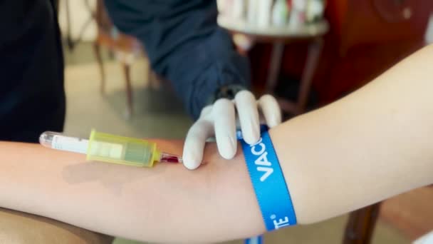 Medical Check Blood Test Extracting Sample Pulling Needles Out — Stok video