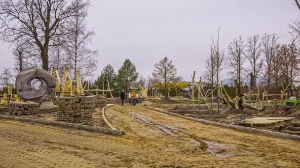 Local Concrete Contractor Workers Constructing Pavement Public Park Timelapse — Stock Video