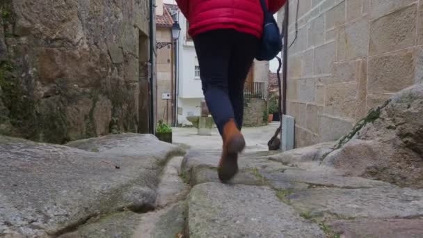 Woman Walking Narrow Streets Combarro Spain Gimbal Low Pov — ストック動画