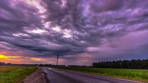 Vehicles Traveling Remote Road Clouded Sky Sunset Timelapse — Vídeos de Stock