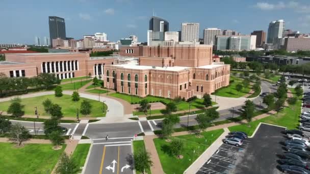 スカイラインのライス大学とテキサス医療センター ヒューストンテキサス州の空中風景 私立研究所 大学病院体制 — ストック動画